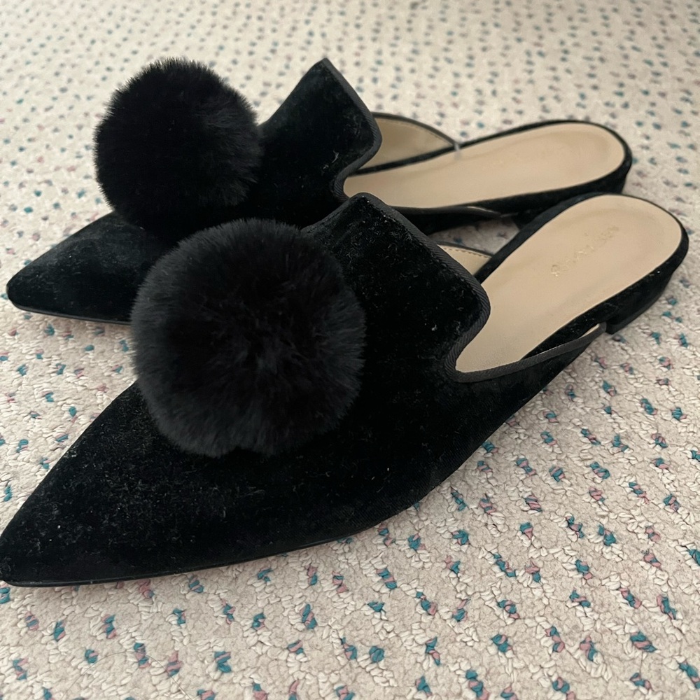 Ann Taylor Black Velvet Mules with Pom-Poms
